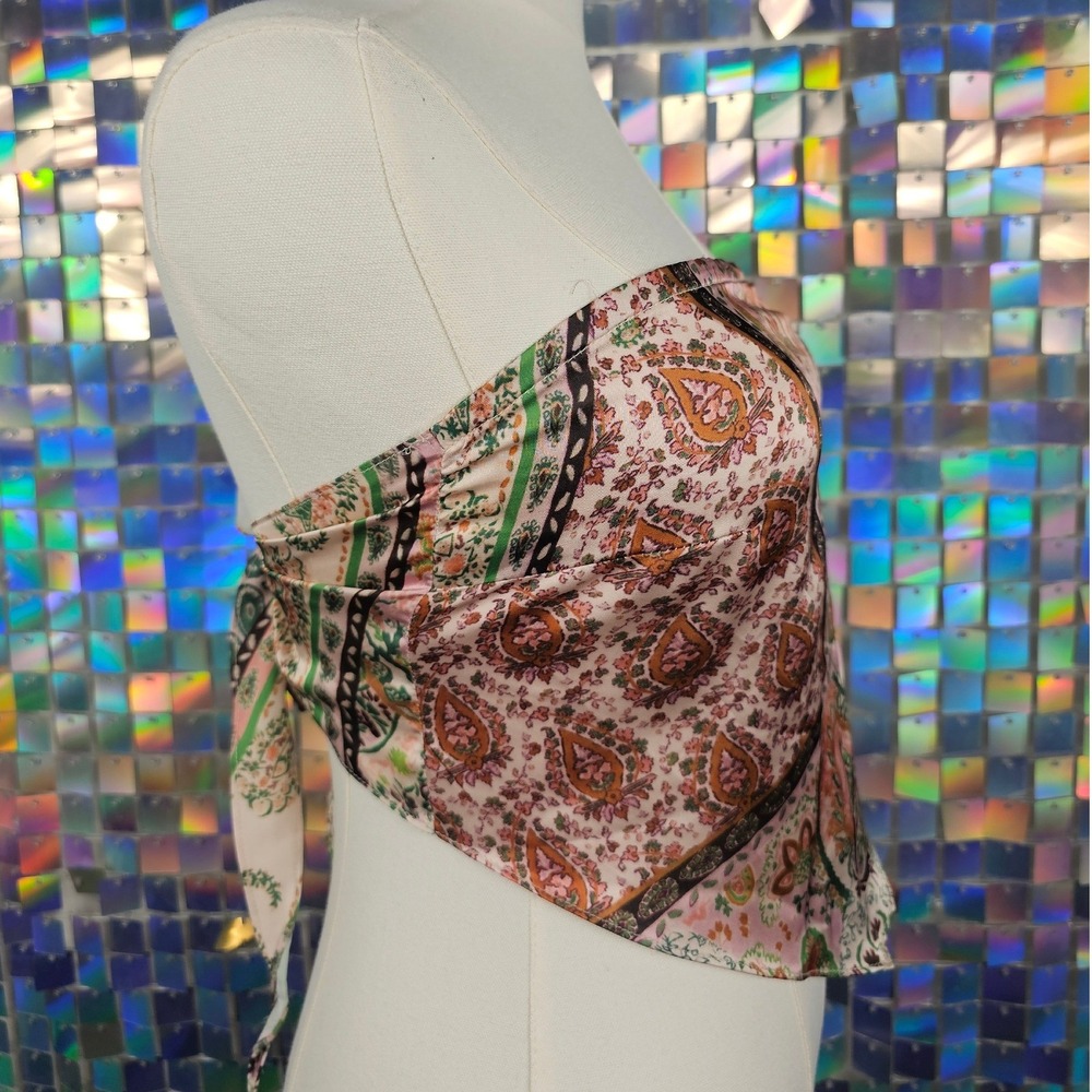 Cider Paisley Handkerchief Tube Top Womens XS Pink Y2K Clubcore Tie Back Satin - Picture 4 of 7